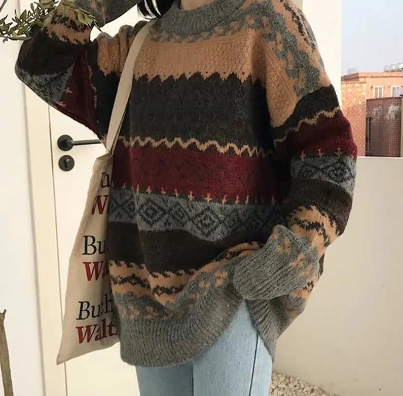 

Винтажные женские свитера-пуловеры, зимние полосатые джемперы в корейском стиле, свободные вязаные свитера, повседневные свободные пуловеры