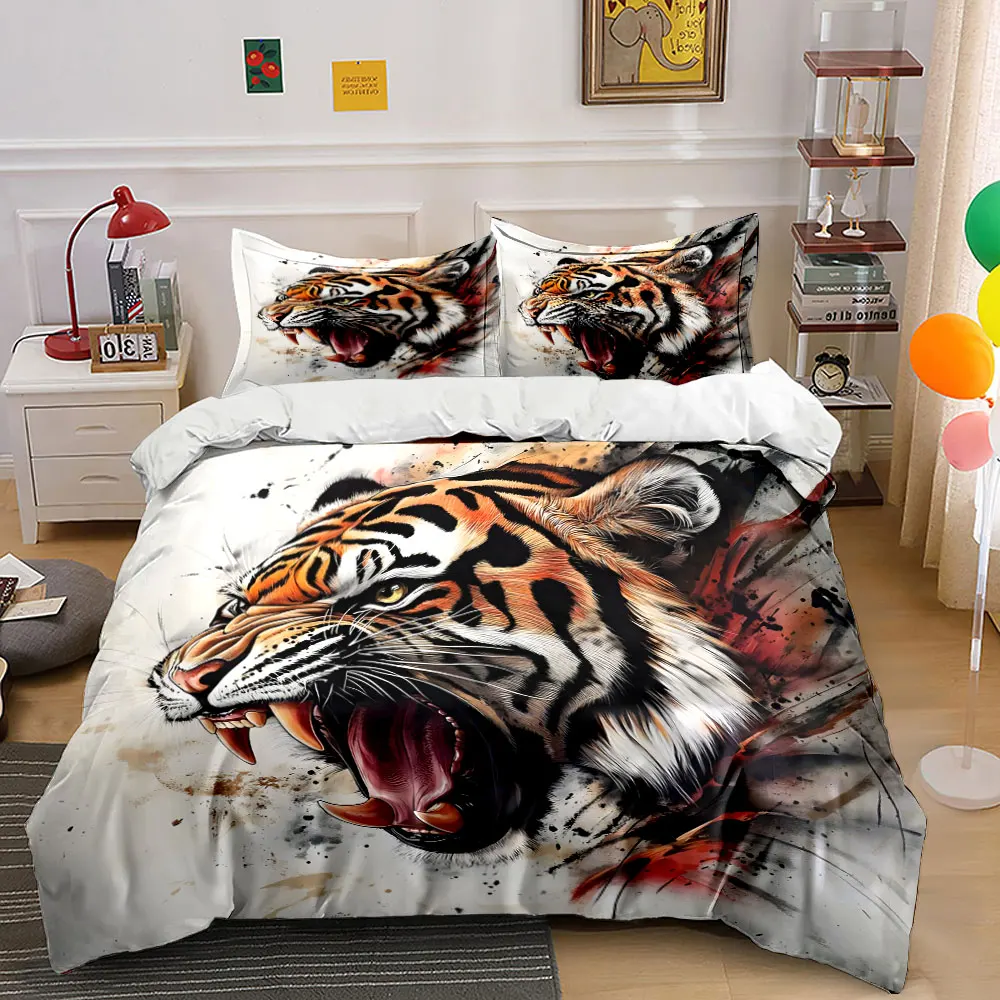 Fierce tiger Watercolor inkjet art Print Bedding Set 1 Duvet Cover 2 Pillowcases for Adult and Children Luxury Gift Full Size