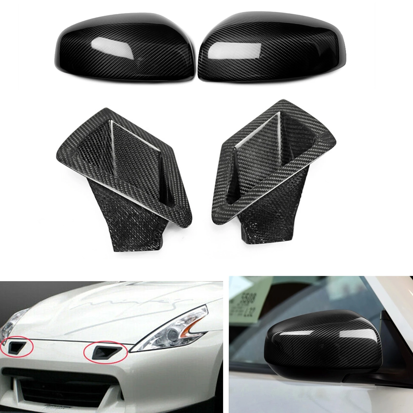 

Carbon Fiber Rear View Mirror Cover Shell+Front Bumper Side Vent Air Duct Outlet Bonnet Hood Scoop For Nissan 370Z Z34 2009-2020