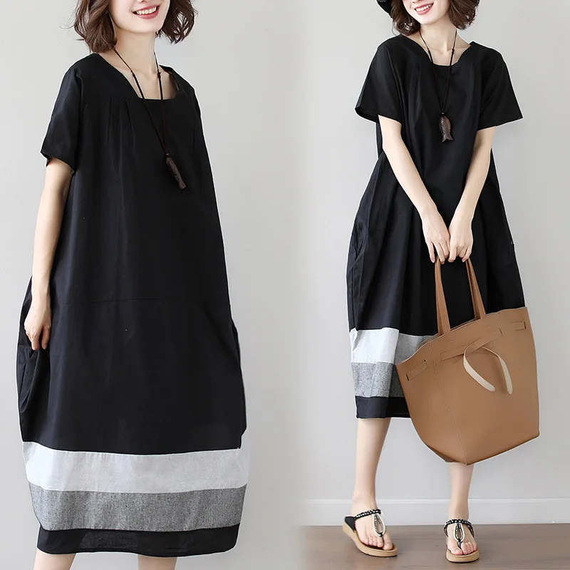 Summer New Korean Large Loose Splicing Striped Cotton And Hemp Short Sleeved Dress For Women's Medium To Long Size Maxi Vestidos