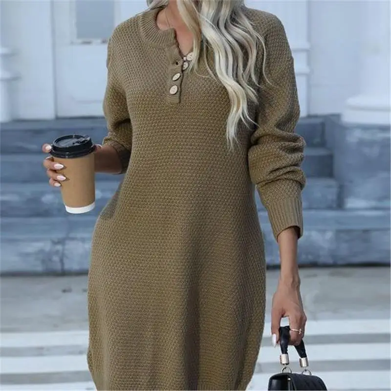 

Осенне-зимнее вязаное платье с пуговицами для женщин, длинный свек, средней длины, цельный цвет, моющийся