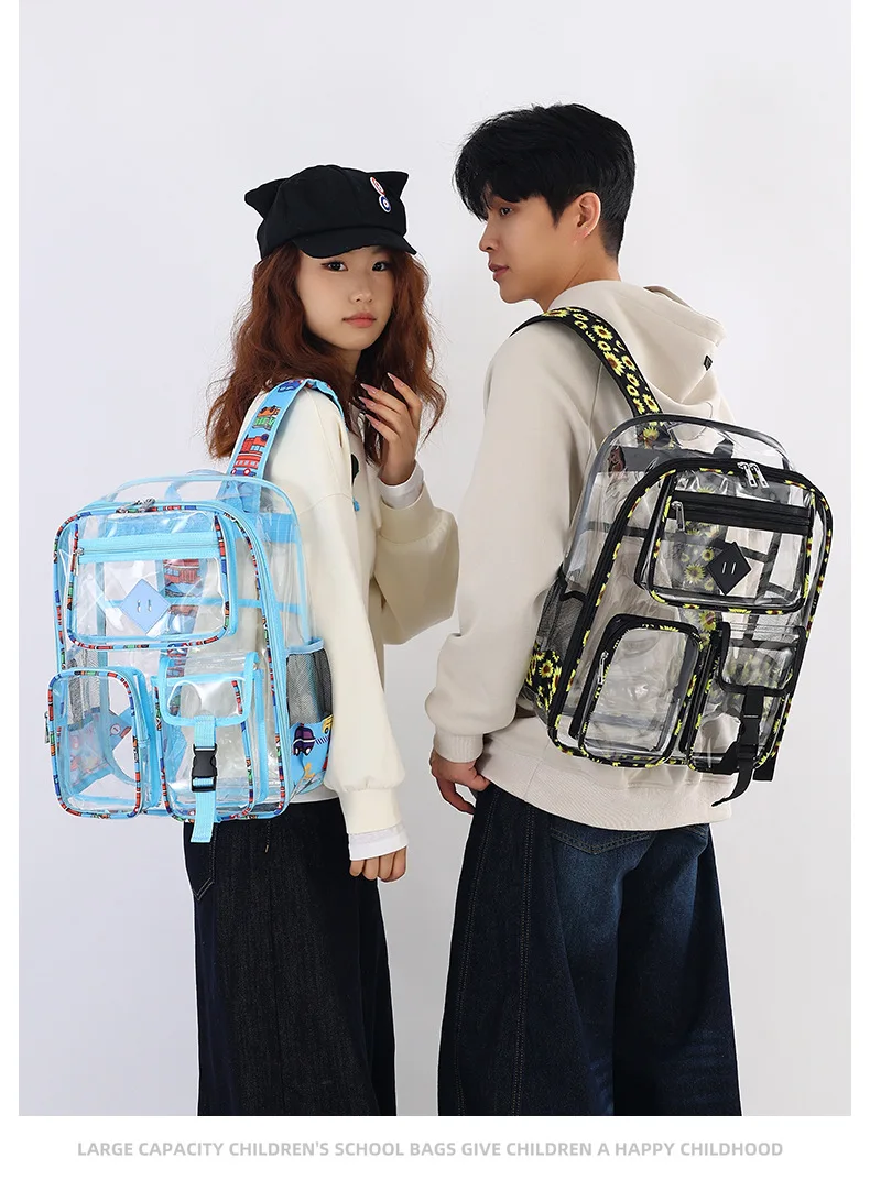 

Transparent backpack with large capacity graffiti color trend PVC student bag PVC transparent bags Bolsa Мужской рюкзак mochila