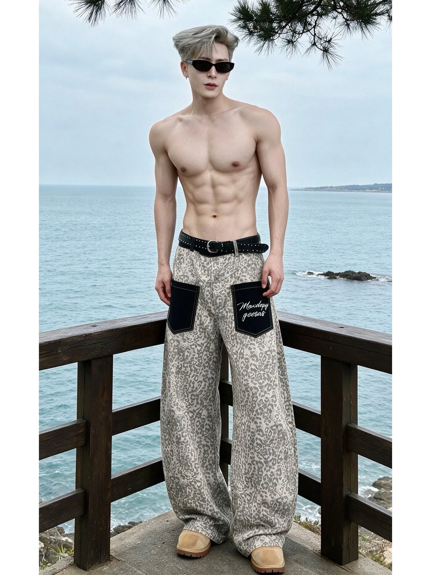 Retro American Leopard Print Patchwork Wide Leg Jeans Men Summer Street Loose Casual Pants Youth Fashion Embroidery Jeans