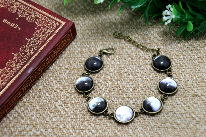 Moon Phase Bracelet  Planet Space Universe Glass Dome Silver Galaxy Cabochon Jewelry Lunar