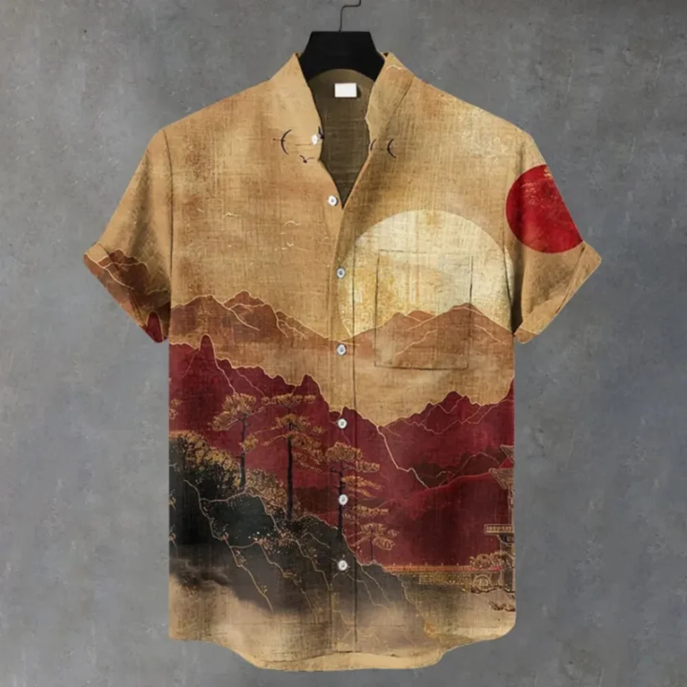 New Men's Fairy Crane Plum Blossom Wave Printed Short Sleeve Shirt Japanese and Wind Travel Beach Casual Shirt