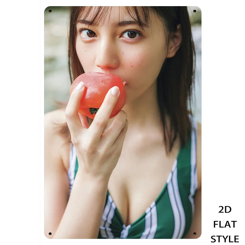Vintage Metal Tin Sign, Japanese Girl Holding Tomato Japanese Style Room Life Photo Wall Decor Plaque