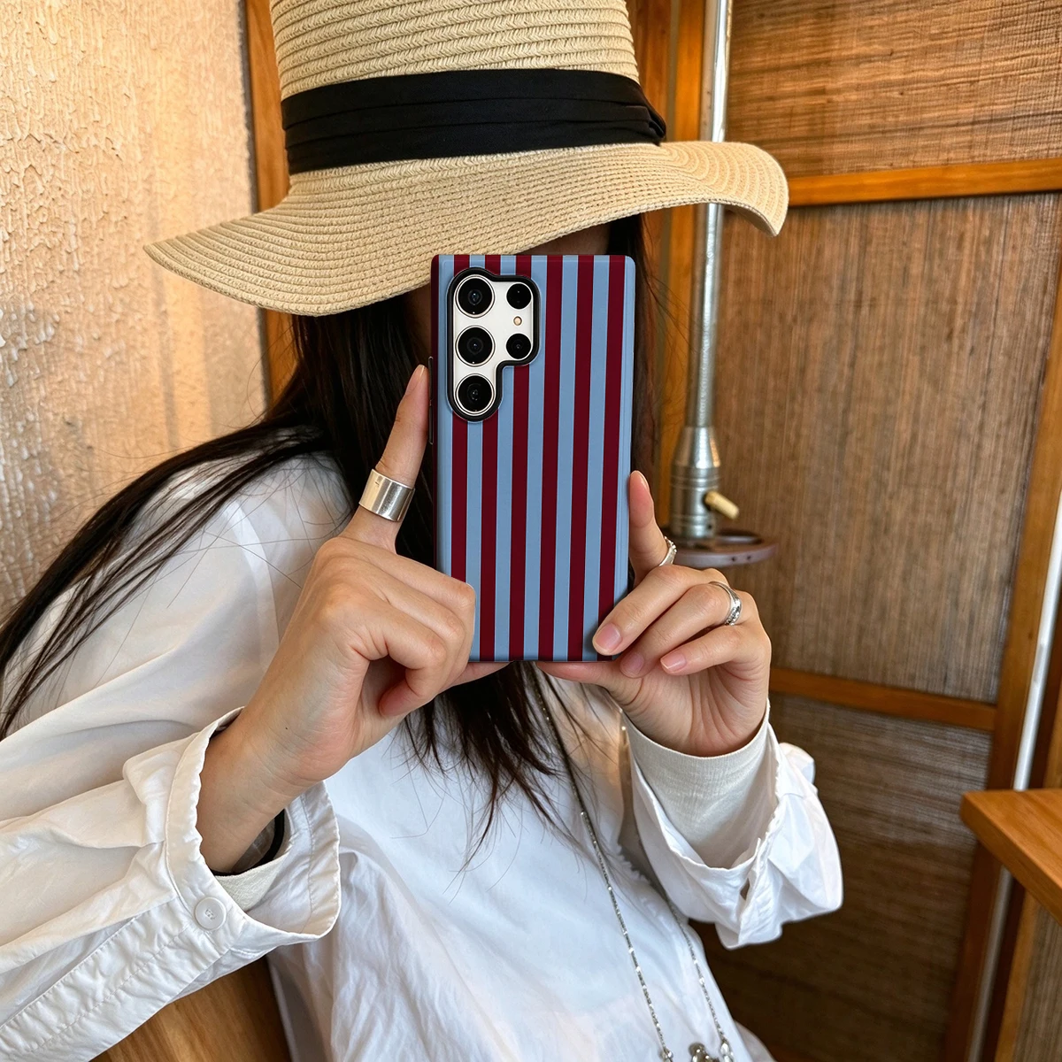 Wine Blue Stripes Hard Shock-Absorption Phone Case For Samsung Galaxy S26 S25 Ultra S24 S23 Plus 2-in-1 Protective Cover