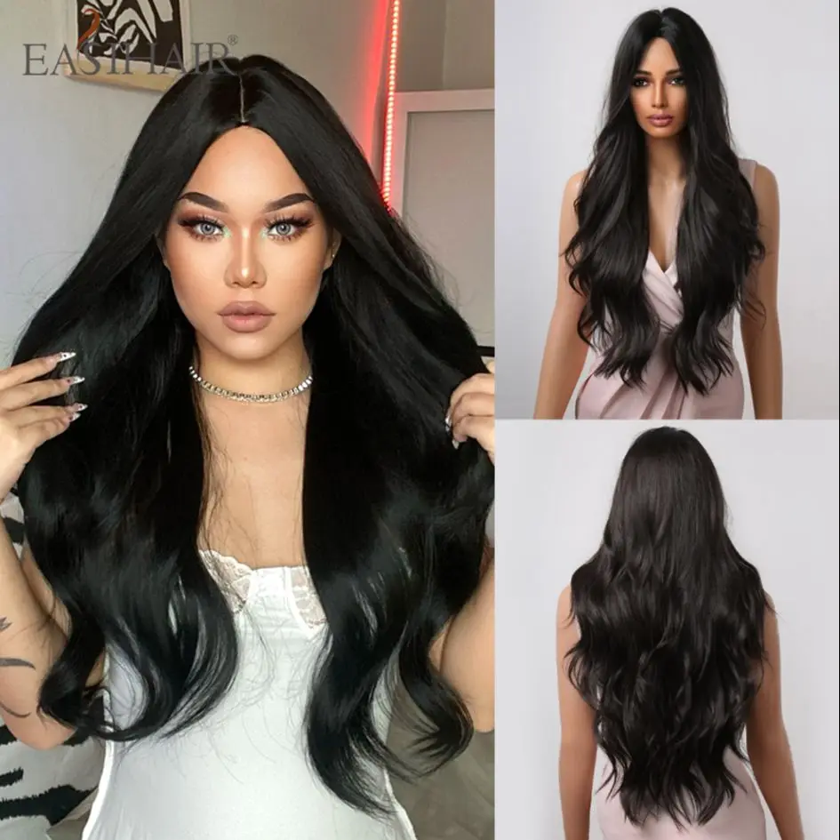 EASIHAIR Long Black Synthetic Wigs Middle Part for Black Women Wavy Cosplay Natural Hair Wigs Heat Resistant Fiber Wigs