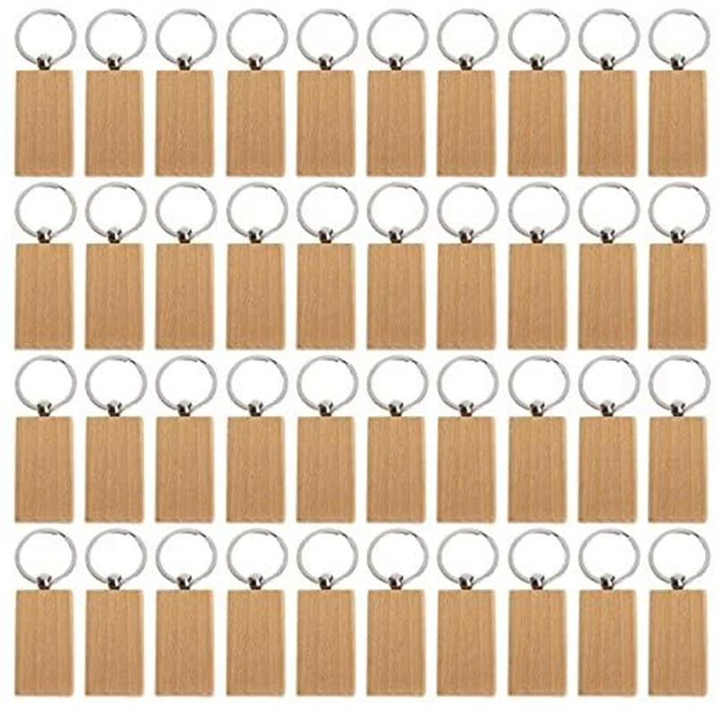 

40Pcs Blank Wooden Keychain Rectangular Bulk Wholesale Wood Key Chains Ring Suitable for Gift