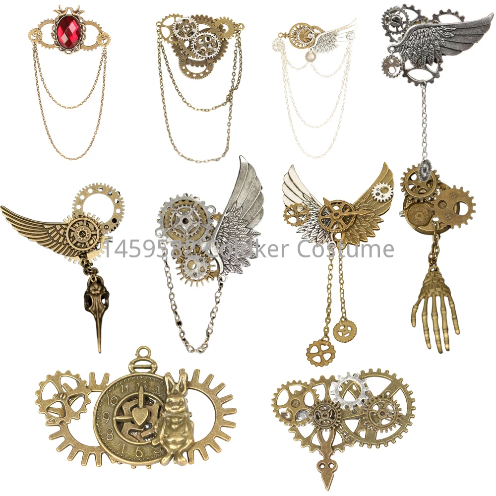 

Retro Steampunk Wings Brooch Pins Tassel Chain Badge Men Shirt Suit Collar Female Scarf Buckle Corsage Brooches Jewelry