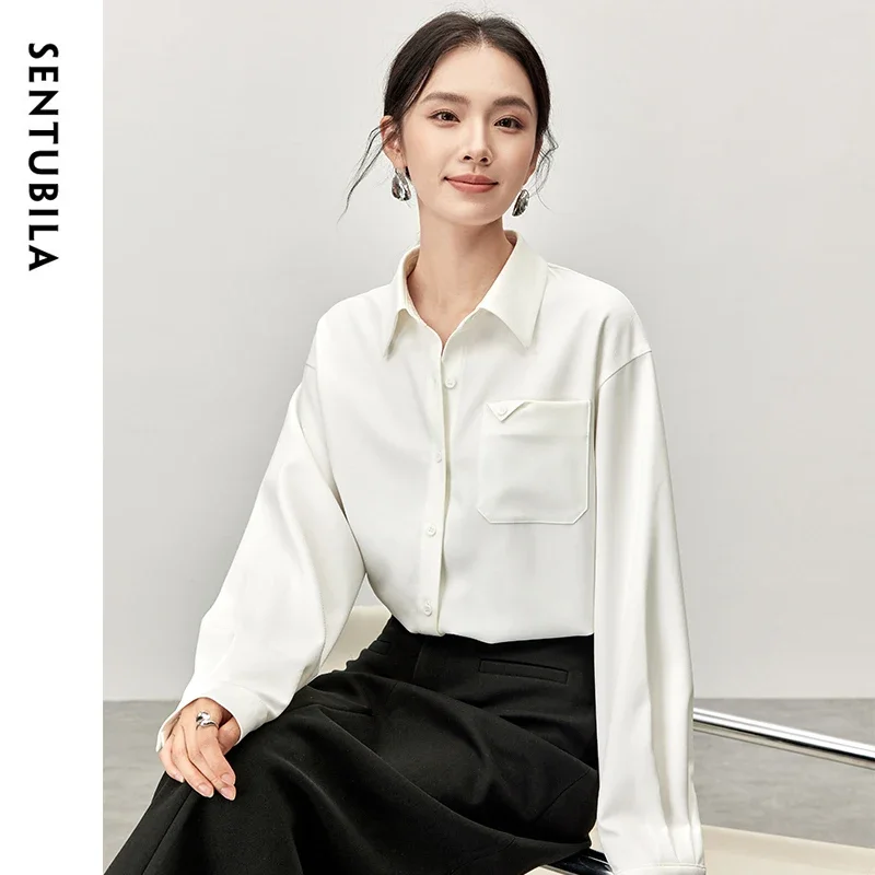 SENTUBILA Office Lady Solid Shirt for Women 2024 Spring Autumn Texture Turn Down Collar Long Sleeve Simple Women Top 143C56817