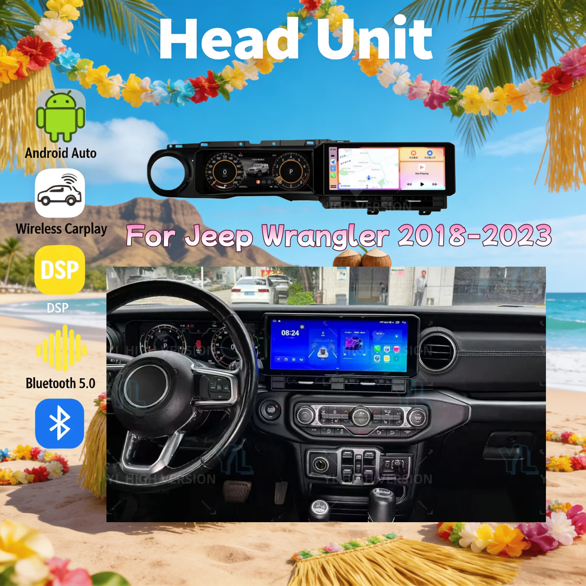 

CarPlay для Jeep Wrangler 2018-2023, LCD-панель приборов, двойной экран, мультимедийный видеоплеер на Android, GPS-навигация, Android Auto