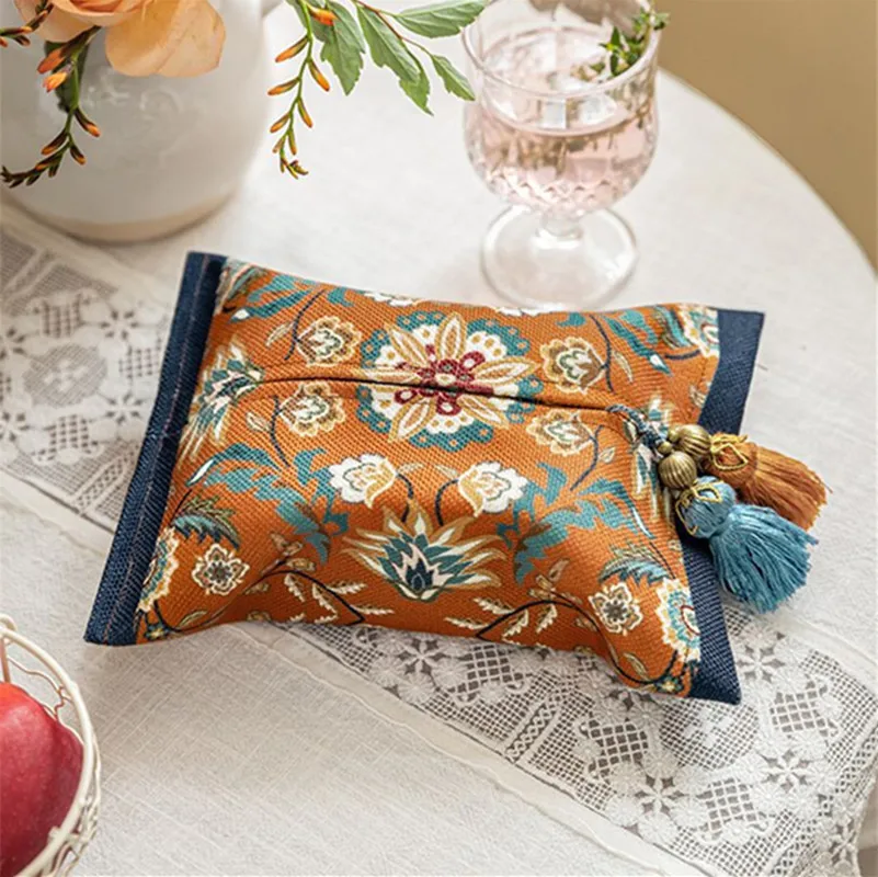 American Style Nalda Cotton Short Plush Fabric Tassel Tissue Holder, Original Painted Design, for Living Room & Car 6