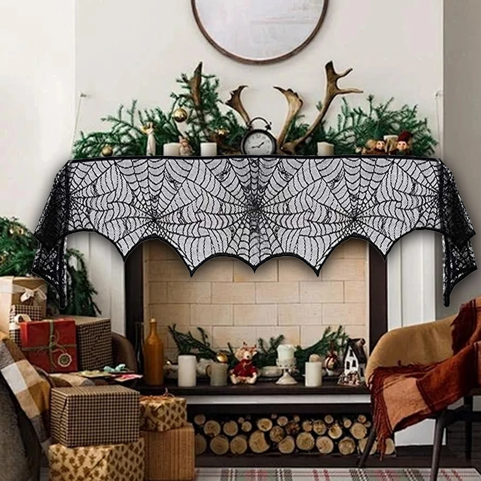 Halloween Fireplace Mantel Decoration Lace Spiderweb Mantel Scarf Fireplace Cloth for Shop Cafe Scary Movie Night Party Festival