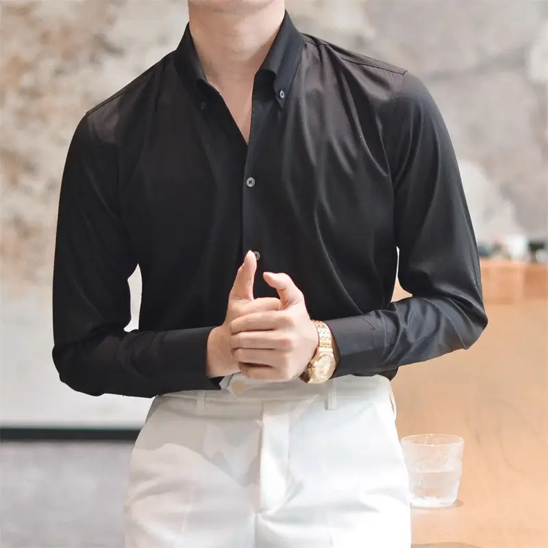 Camisa blanca de manga larga con solapa para hombre, camisa de diseño italiano de alta gama, informal de negocios, ajustada, no texturizada de hierro