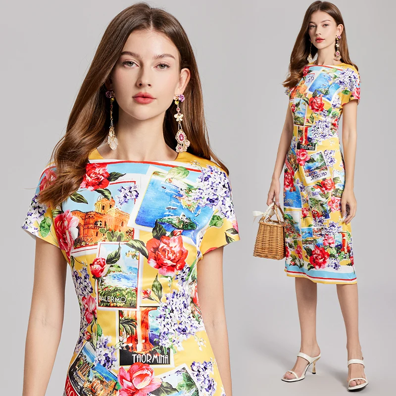 Runway New Summer Letters Postcard Print Floral Midi Long Rose Dress Women Short Sleeve Sheath Pencil Party Vestidos Female