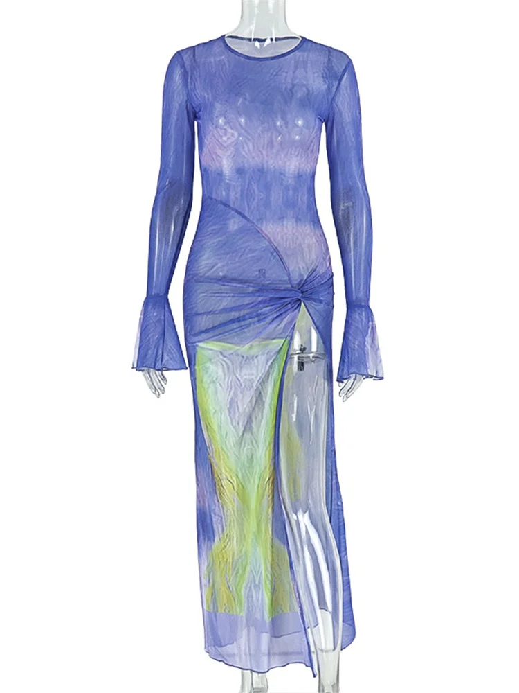 غريب سنور التباين المرقعة فستان شبكي المرأة س الرقبة متوهج كم Ruched شبك عالية الانقسام هيم منتصف الليل مثير موضة فستان طويل