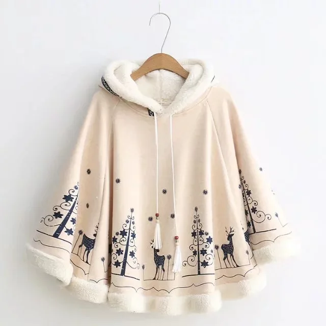 Winter Poncho Fashion College Sweet Cape Rabbit Ear Hooded Printed Women Cloak Girl Overcoat P2