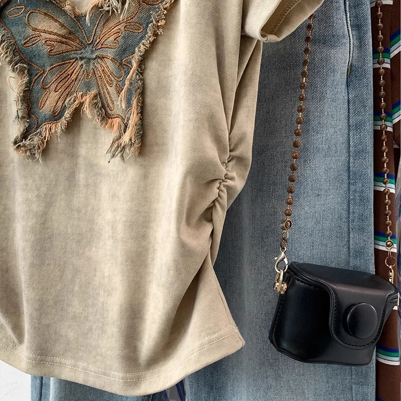 Maglietta da donna coreana Crop Top Estate Manica corta Tees Magliette Femme Slim Coulisse Y2k Ladies Appliques Abbigliamento