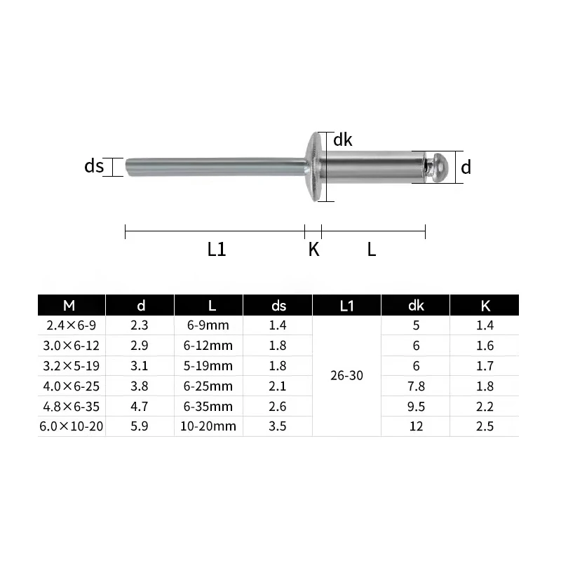 Remaches Pop de aluminio, cabeza de cúpula de piezas, remaches ciegos, vástago de acero, mandril de escape, clavo de tracción, 10-50 M5, M2.4, M3.2,