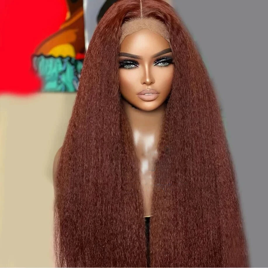 

Reddish Brown Soft 26 "Long Kinky Yaki Straight Synthetic Lace Front Wig For Black Women BabyHair Glueless Preplucked Daily