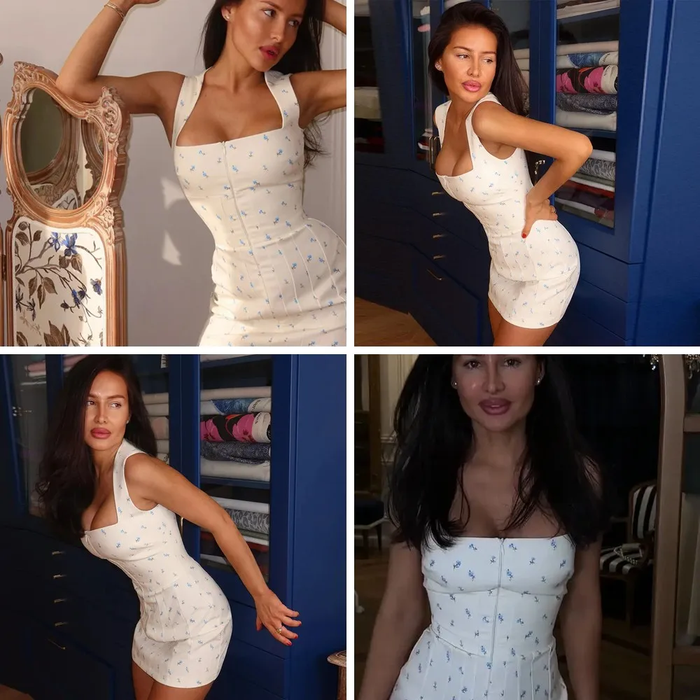 

2026 New Floral Print Bodycon Dress Women - Elegant Square Neck, Corset Waist Halter Mini Dress for Vacation(72 characters)