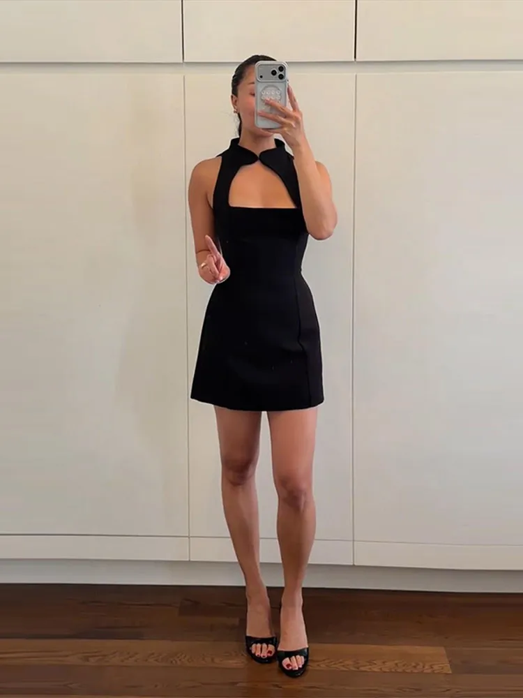 Plissiertes, ausgeschnittenes, tailliertes Minikleid für Damen – sexy, ärmellos, mit Einzelknopf und Reißverschluss, schmal geschnitten, charmantes Partykleid, neu – Detail 28