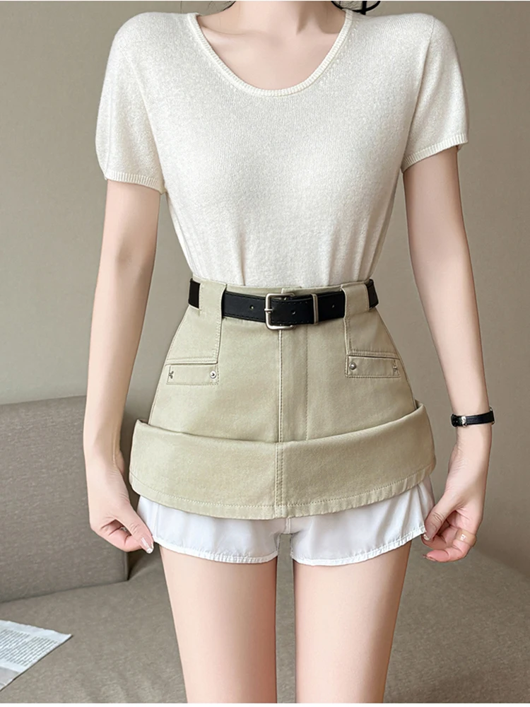 Spring Summer Women's Casual Workwear Short Skirt With Belt High Waist Streetwear Utility Mini A-Line Skirts Lady