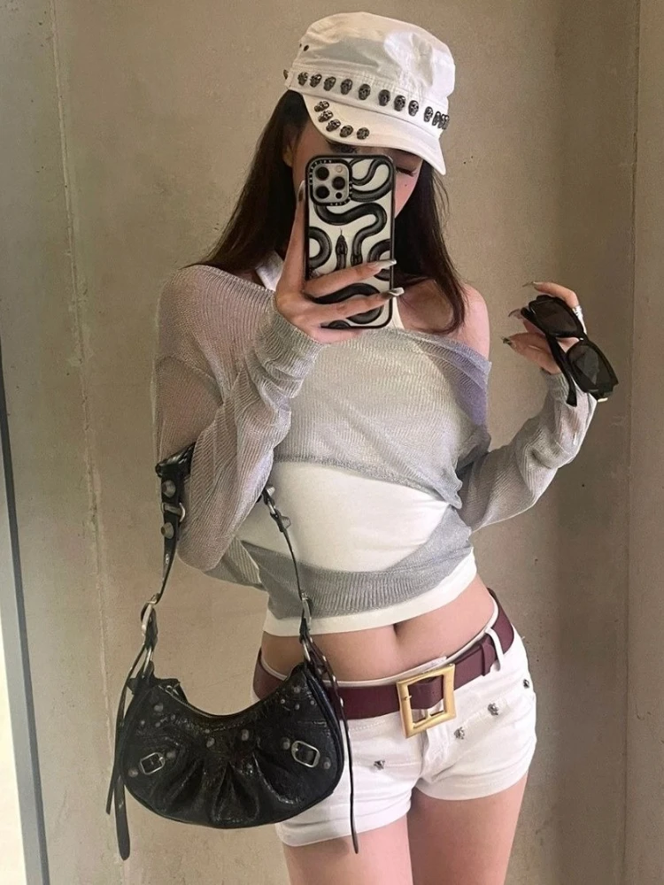 Streetwear Two Pieces Set Slash Neck Gauze Hollow Out Crop T-shirt + Women Y2k Aesthetic Bodycon Vest Grunge Sun Protection Suit