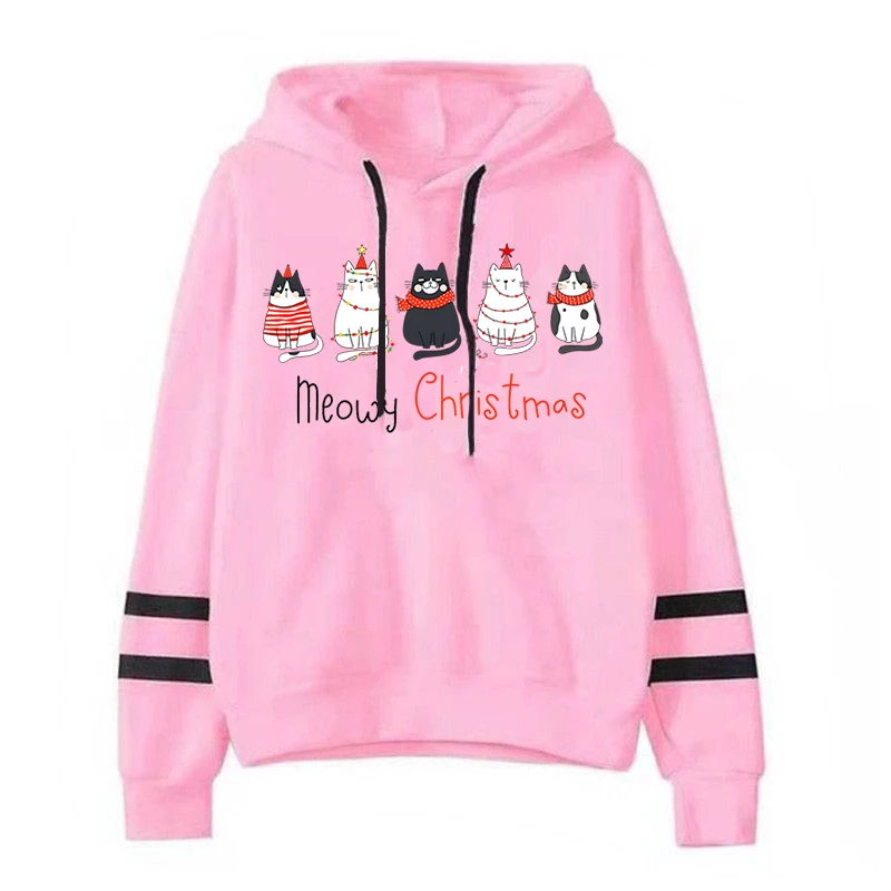 Cute Cat for Christmas and New Year Hoodie Harajuku Hip Hop Graphic Oversized Hoodie Sweatshirt Womens Pullover Hoodie Clothes