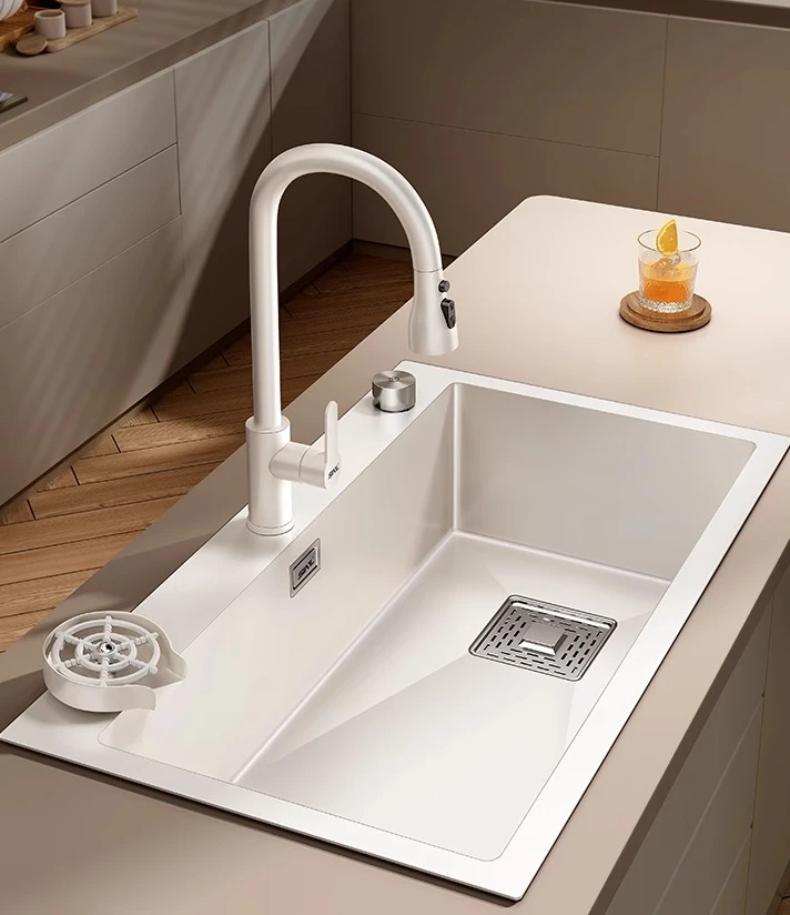 

Creamy Wind White Kitchen Sink Large Single Slot Stainless Steel Vegetable Washing Sink Basin Manual Under Counter Basin Large