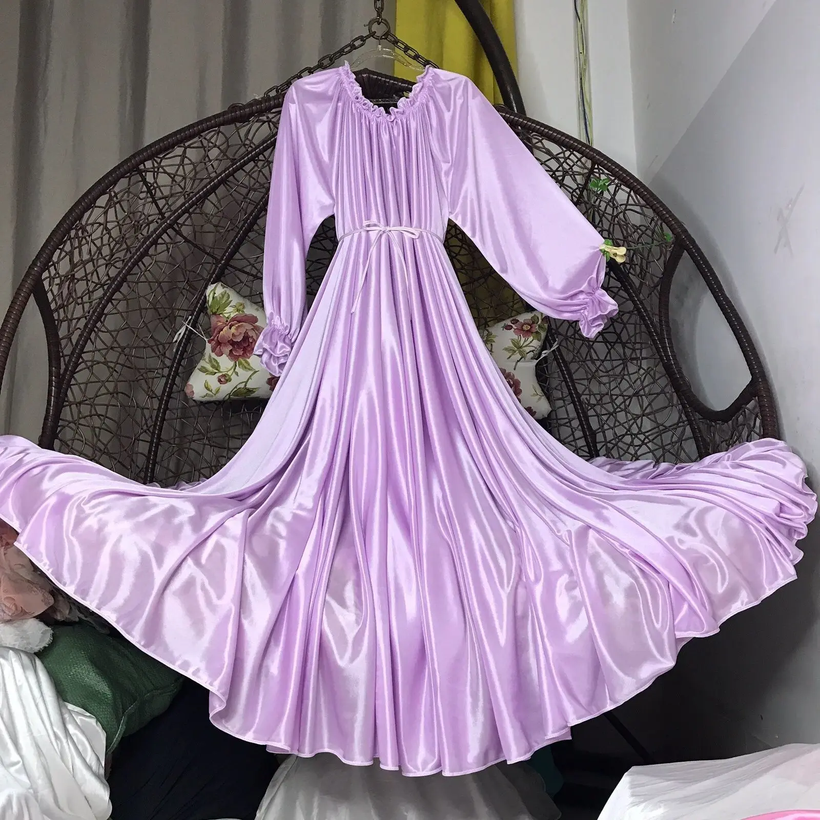 Pink Men Sexy Sissy Silky Touch Glossy Long Dress Women Satin with Belt Long Sleeve Pleated Loose Silk Maxi Dress Sleeping Robe