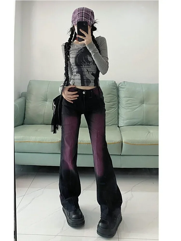 Pantalon en Denim noir violet Style américain Y2k e-girl, Vintage, taille haute, évasé, teinture par nouage, droit, nouvelle collection automne