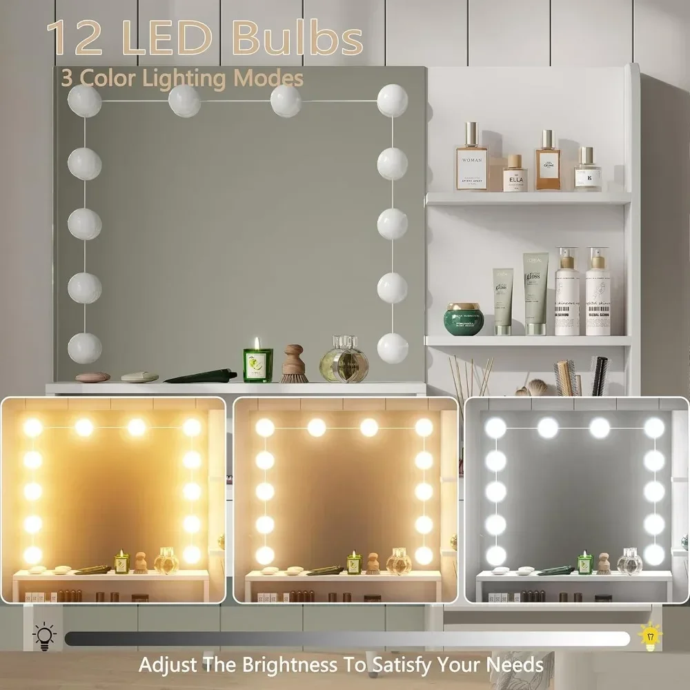 

A 37" W Vanity Desk, Vanity Mirror with Lights and Table Set with 5 Drawers, Vanity Set 3 Lighting Modes Brightness Adjustable