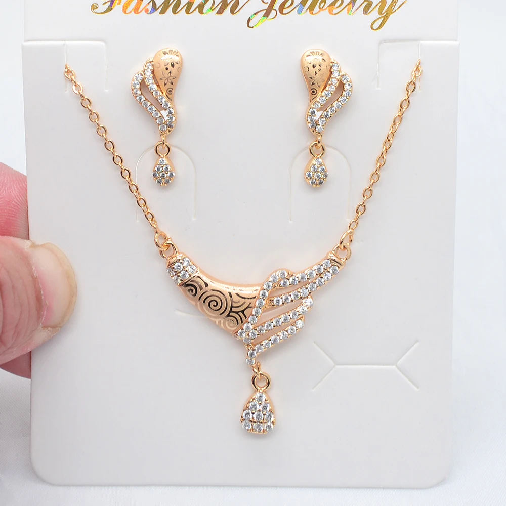 Fashion Gold Color Laser Marking Stud Earrings & Necklace Teardrop Party Jewelry Set for Women Model JCS104