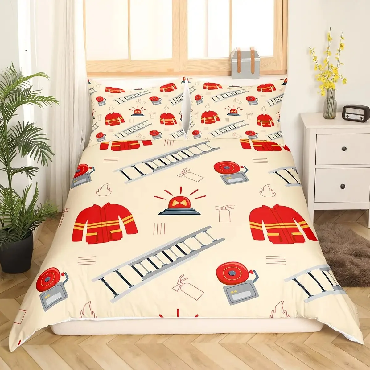 Fire Truck King Queen Duvet Cover Cartoon Police Car Bedding Set for Kids Boys Firefighter Quilt Cover Polyester Comforter Cover