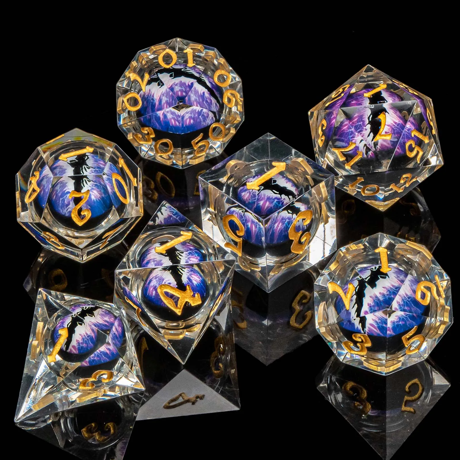 7피스 DND 액체 주사위 세트 날카로운 가장자리가 있는 수제 디자이너 수지 주사위, 던전 및 드래곤 RPG 탁상 게임에 적합