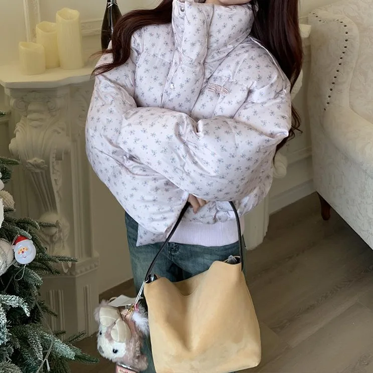 Sweet Style Short Floral Cotton Suit Women's Autumn and Winter 2025 Warm Bread Clothes Small Man Stand-up Collar Jacket