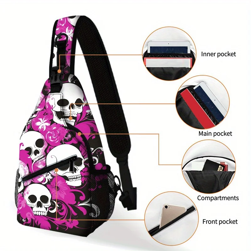 Adjustable Crossbody Sling Bag with Skull Floral Design Stylish Black Waist Pack for Men & Women, Perfect for Outdoor