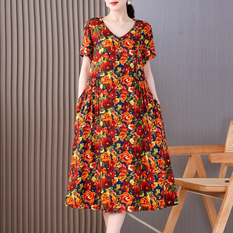 New Fashion 2024 Summer Dress For  Women  Plus Size Print Vintage Bohemia O-Neck Dress Sundress Women Clothing