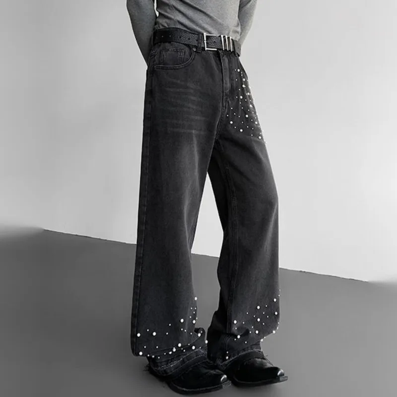WVGA Broek Lente Herfst Nieuwe Man Tide High Street Y2K Zware Parel Decoratie Trendy Design Niche Chic Rechte Jeans Ins W11862