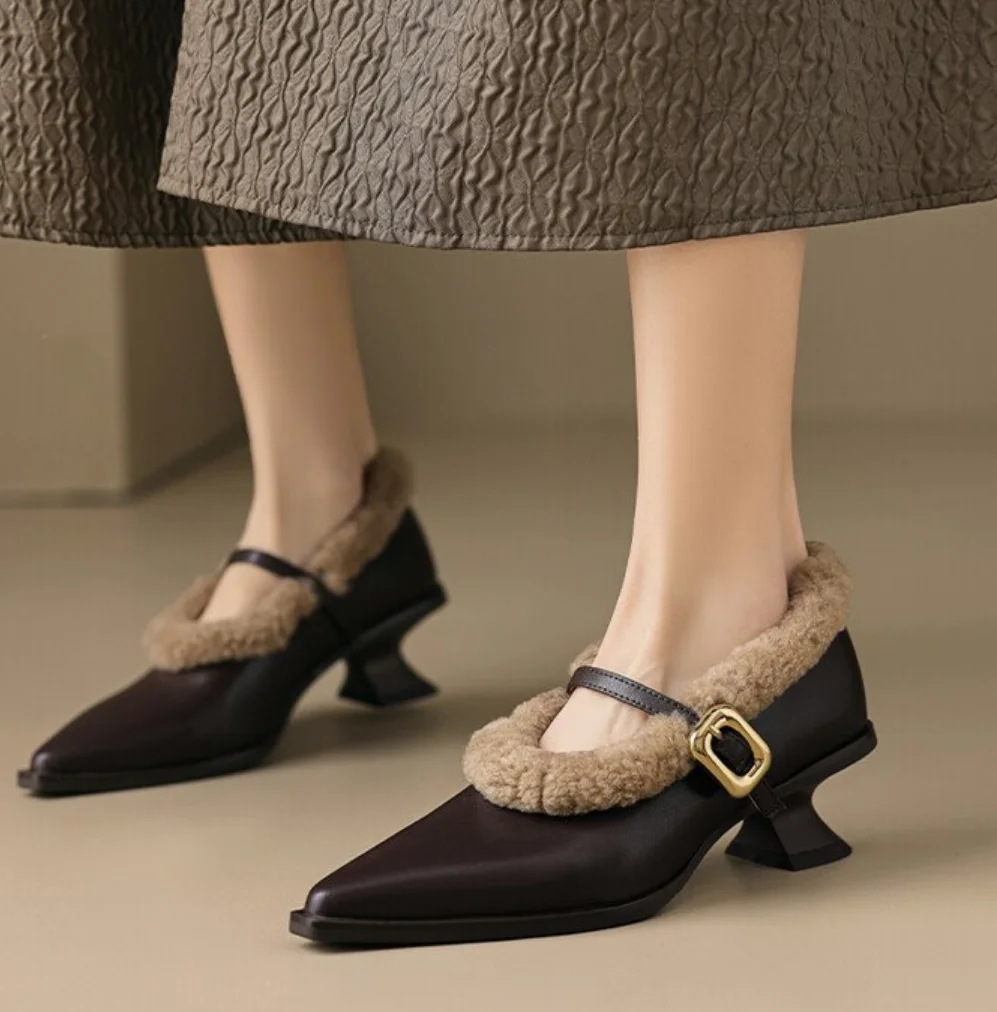 Elegant Metal Buckle Mary Janes Woman Chic Brand Design Fur Women Low Heel Dress Shoes Ladies Winter Warm Plush Belt Pump Zapato