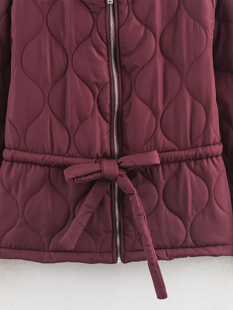 Vestes en coton pour femmes, manteau grille de diamant, col rond, cordon de serrage à la taille, manches longues, vêtements d'extérieur amples pour dames, hiver