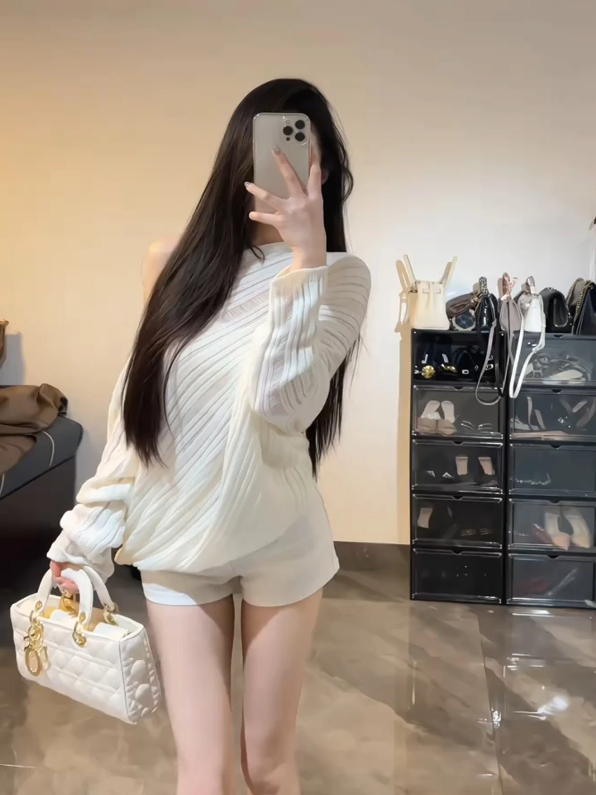 

Loose Long Sve Knitted Sweater Women's oulder-baring Overhead Design Pink Bat-wing Sle Polyester Fiber Commute Sle