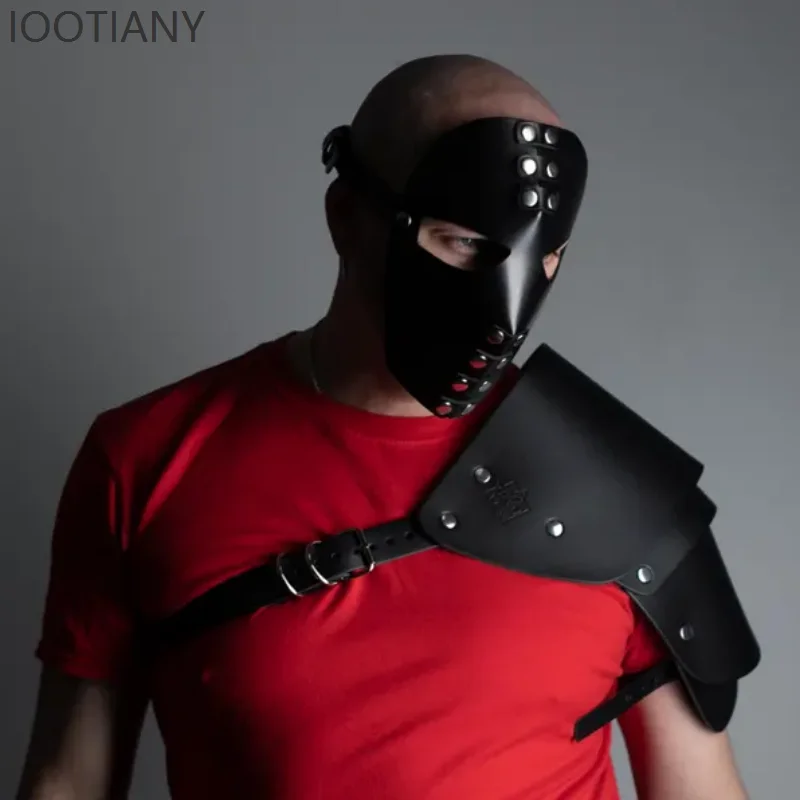 Party Coplay Hood Mask Stage Performance Carnival Halloween Festival Headpiece Black Leather Full Face Red Accessory Prop 5