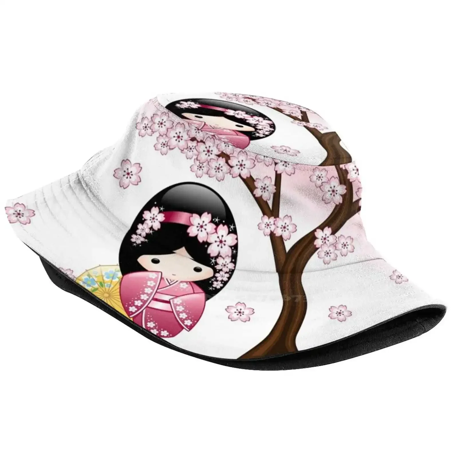 Japanese Spring Kokeshi Doll Bucket Hat Beach Tourism Hats Breathable Sun Cap Spring Kokeshi Doll Cute Girly Vector Cherry