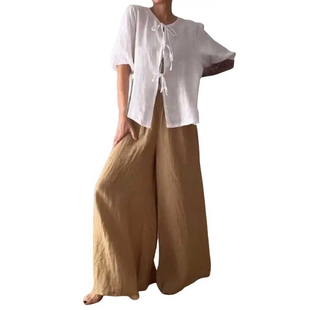 

Elastic Waistband Pants Women's Casual Wide Leg Trousers Short Sleeve Top 2-piece Set for Home Office or Vacation for Hiking