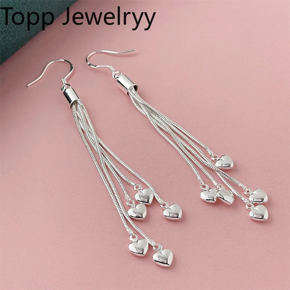 Popular 925 Sterling Silver Classic 70MM Upper Tassel Heart Earrings for Women Fashion Girlfriend Wedding Jewelry Gifts