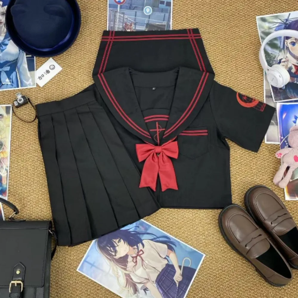 Dark Japanese College Style JK Uniform, Black Body Red  Sailor Suit School Uniform for Campus Daily Casual Graduation Photo Wear