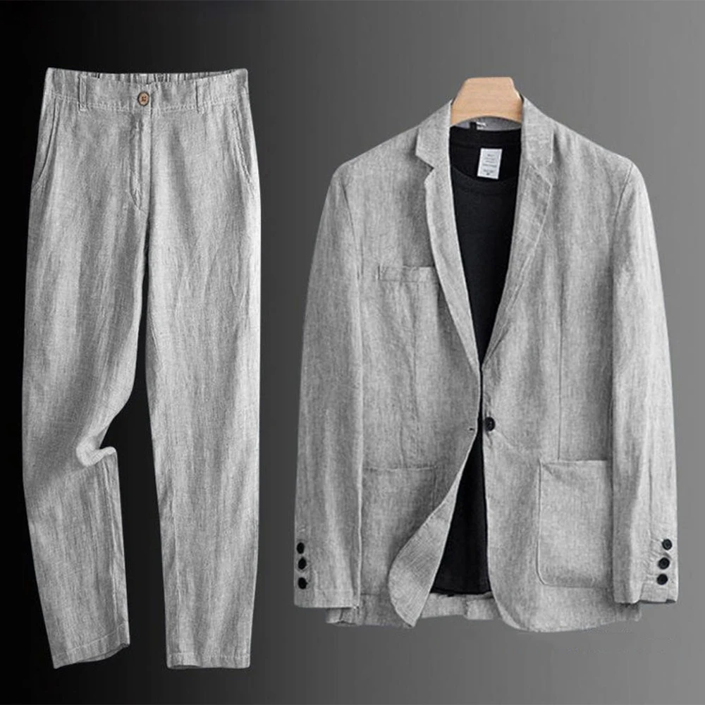 Allingentle Mens Linen Suit 2 Piece Set Loose Fit Single-Breasted Summer Breathable Lightweight Comfortable Suit Customized